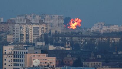 An explosion of a missile is seen during a Russian missile and drone strike, amid Russia's attack on Ukraine, in Kyiv, Ukraine December 29, 2023.