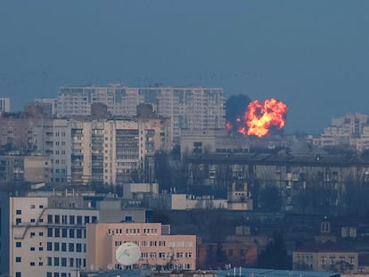 An explosion of a missile is seen during a Russian missile and drone strike, amid Russia's attack on Ukraine, in Kyiv, Ukraine December 29, 2023.