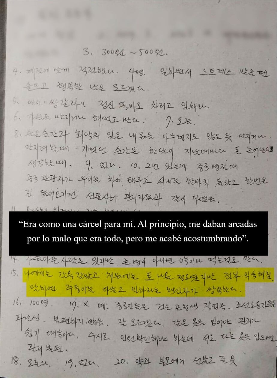 Notas de las entrevistas a mujeres norcoreanas sobre su experiencia en factorías chinas.