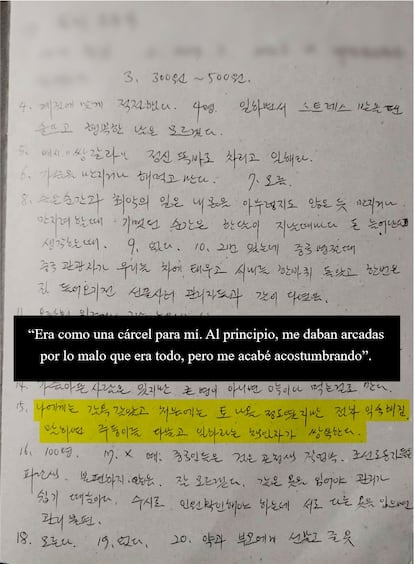 Notas de las entrevistas a mujeres norcoreanas sobre su experiencia en factorías chinas.