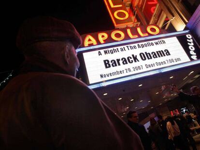 Marquesina del teatro Apollo en Harlem, Nueva York, el 29 de noviembre de 2007, cuando Obama dio un discurso siendo candidato demócrata a la Presidencia.
