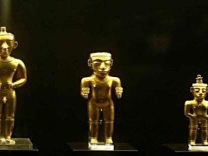 Seis das 122 peças do tesouro quimbaya, presenteado pelo governo colombiano à Espanha e exposto atualmente no Museu da América, em Madri.