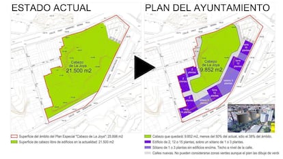 Comparativa del estado actual y de la previsión urbanística sobre el cabezo de la Joya, en Huelva.