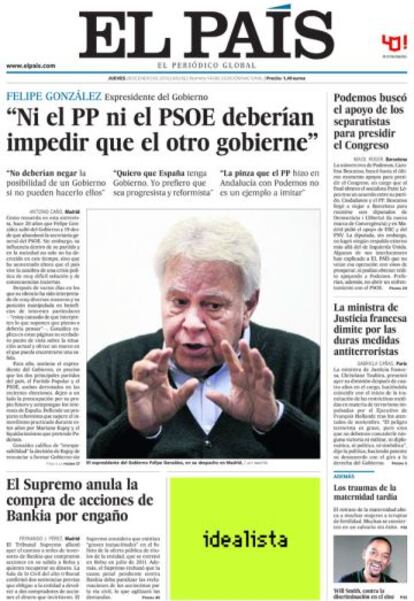 Portada de EL PAÍS del 28 de enero de 2016.