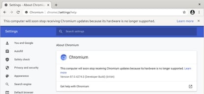 Mensaje de error de Chrome 89 en ordenador no compatible.