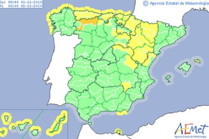 Mapa de las alertas de Aemet para hoy.