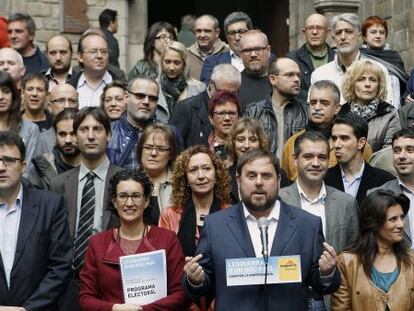 El candidato de ERC, Oriol Junqueras, durante la presentación del programa electoral en Barcelona.
