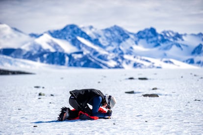 La investigadora holandesa Veronica Tollenaar toma muestras de hielo en el entorno del pico Escuela de Montaña.