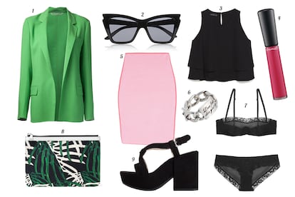 1. Reed Krakoff Blazer oversize. 2. Le Specs Gafas de sol con montura de pasta. 3. Zara Crop to sin mangas con volantes. 4. M·A·C Lipglass “Mineralize”. 5. Alexander Wang Falda recta elástica con print de rayas. 6. Asos Anillo de esclava con leyenda. 7. Etam Conjunto de lencería de gasa con ribetes de encaje. 8. Proenza Schouler Clutch con print tropical. 9. Zara Sandalia de ante con plataforma.