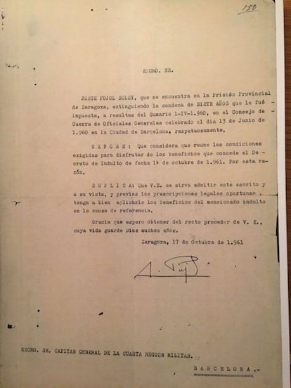 Carta redactada por Jordi Pujol para poder beneficiarse del indulto, dirigida al Capitán General de la Cuarta Región Militar.
