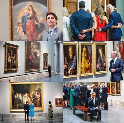 LA CUMBRE DE LA OTAN COMO ESCAPARATE
El Museo del Prado reunió el pasado 29 de junio a todos los mandatarios que asistieron a la cumbre de la OTAN en Madrid. Antes de sentarse a la mesa, el canadiense Justin Trudeau (arriba a la izquierda), Joe y Jill Biden (en la imagen superior derecha junto a Pedro Sánchez y Begoña Gómez, su esposa, de espaldas), Boris Johnson ante Velázquez, Olaf Scholz junto a Zurbarán, el matrimonio Macron frente a Goya o el italiano Mario Draghi (sentado y hablando por teléfono) se pasearon por sus salas. 