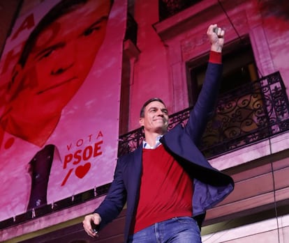 Caretaker Prime Minister and PSOE candidate Pedro Sánchez celebrates the election results.