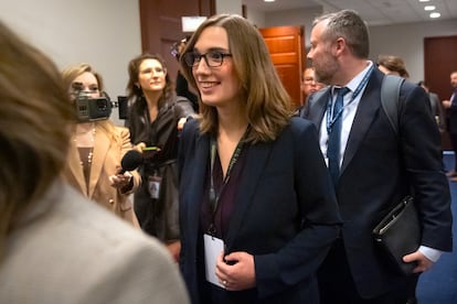 Rep.-elect Sarah McBride, D-Del., center, leaves a meeting of House Democrats on Capitol Hill, Tuesday, Nov. 19, 2024, in Washington