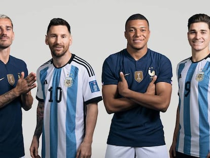 Un montaje de los jugadores argentinos Lionel Messi y Julián Álvarez junto con sus rivales franceses, Antoine Griezmann y Kylian Mbappe.