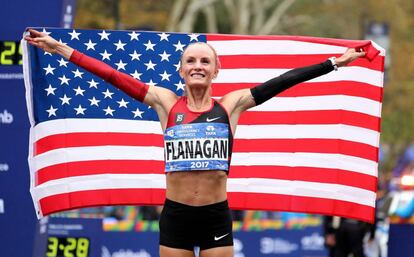 Shalane Flanagan tras ganar el maratón.