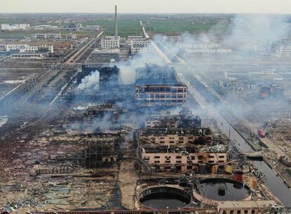 Vista aérea de la zona afectada por una explosión en una planta química en Yancheng, en la provincia oriental china de Jiangsu que ha dejado 14 muertos y cientos de heridos, el 22 de marzo de 2019.