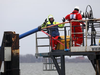 Dos trabajadores despliegan un cable submarino de fibra óptica entre las islas alemanas de Rügen y Hiddensee en febrero del pasado año.