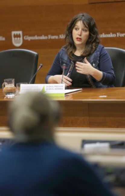 Larraitz Ugarte, portavoz de la Diputación de Gipuzkoa, en la comparecencia celebrada en la sede foral.