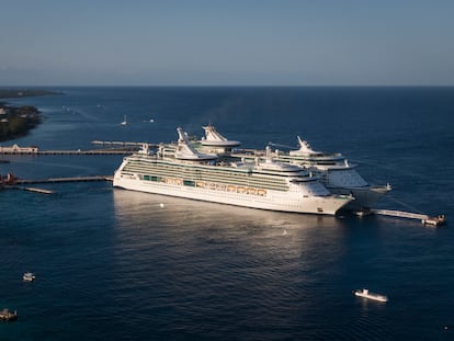 Dos cruceros atracados en uno de los muelles de Cozumel, Quintana Roo, el 24 de enero de 2022.