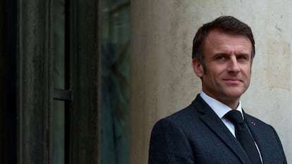 French President Emmanuel Macron stands at the entrance to the Elysee Palace in Paris, France, March 11, 2024.