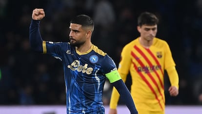 Lorenzo Insigne, tras marcar de penalti contra el Barça el pasado jueves.