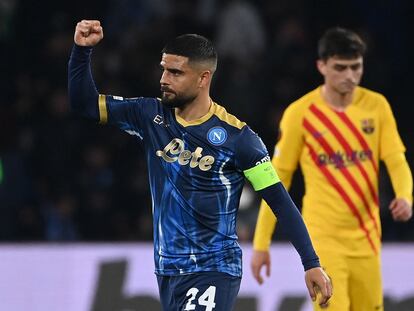 Lorenzo Insigne, tras marcar de penalti contra el Barça el pasado jueves.