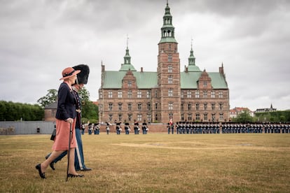Queen Margrethe of Denmark at the parched Livgardens Kaserne in Copenhagen on June 30.