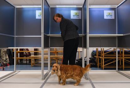 El Parlamento holandés tiene 150 diputados y, para gobernar, se requiere un mínimo de 76 escaños. En la imagen, una mujer junto a su mascota en un colegio electoral en La Haya.