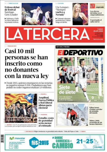 'La Tercera', de Chile, incluye la noticia en su tercio inferior, con una foto de la celebración de Junts pel sí. "Independentistas ganan comicios en Cataluña", titulan.