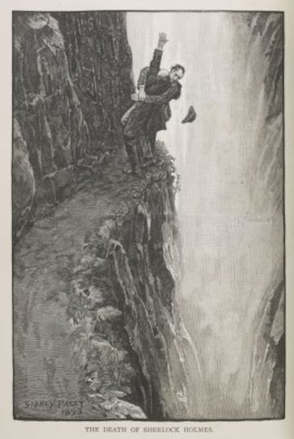 Ilustración de Paget con la muerte de Sherlock Holmes.