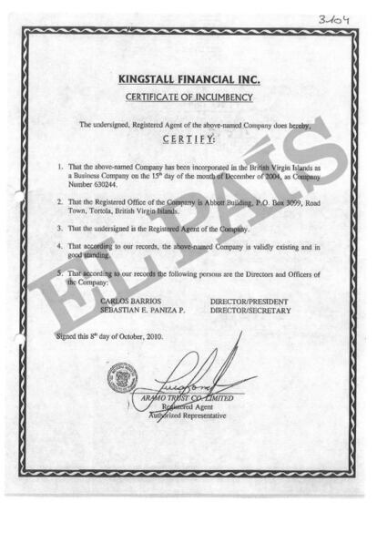 Certificado en las Islas Vírgenes de la sociedad Kingstall Financial Inc.