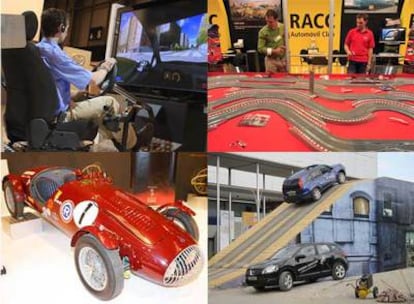 Algunas propuestas del Salón de Madrid. La pista 4×4 de Nissan permite superar fuertes obstáculos conduciendo un todotereno (plaza central); el circuito de
'scalextric' del RACC (pabellón 6); las exposiciones de supercoches y modelos clásicos (pabellón 8), y los realistas simuladores de conducción (por casi todo el recinto).