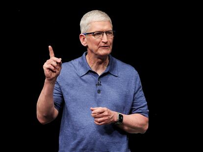El consejero delegado de Apple, Tim Cook, en el evento anual de la conferencia de desarrolladores en la sede de la compañía en Cupertino (California), la semana pasada.