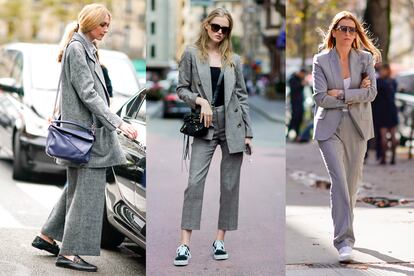El traje de lana gris se puede combinar con zapatillas blancas sin perder la sobriedad como demuestran estos tres ejemplos de street style.