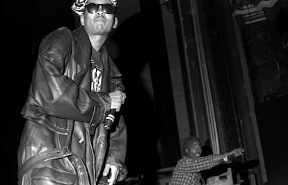 Shock G (also known as Humpty Hump) and Tupac Shakur, performing in 1990 in Newark, New Jersey.