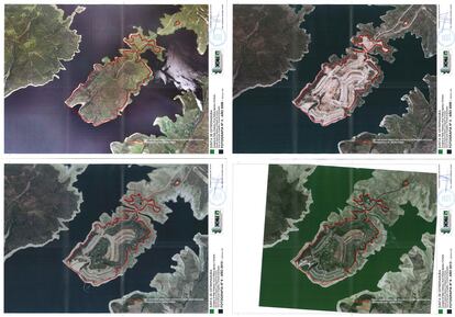 Fotografías aéreas de 2006, 2009, 2010 y 2013 de la isla del embalse de Valdecañas donde se construyó la urbanización de lujo Marina Isla de Valdecañas, en documentos del Centro de Información Cartográfica y Territorial de Extremadura.