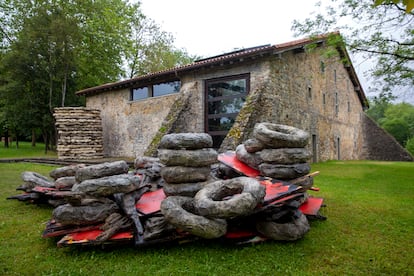 'Untitled: fallen-gunstyresandplacard' (2015) by Phyllida Barlow, exhibited alongside the Zabalaga farmhouse at the Chillida-Leku Museum in Spain.