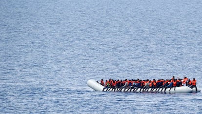 Immigrants await a rescue ship in the Mediterranean on June 18.