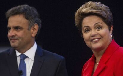 Dilma Rousseff y A&eacute;cio Neves durante el debate de este viernes. 