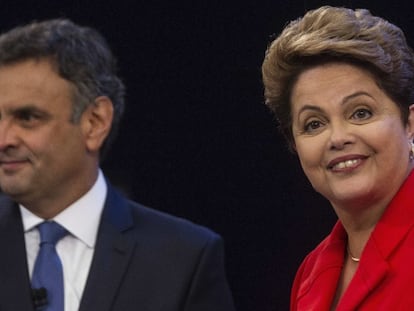 Dilma Rousseff y A&eacute;cio Neves durante el debate de este viernes. 