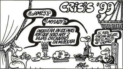 Una cena noble durante la crisis de 1999 a base de "bocata" (diminutivo de "bocadillo" popularizado por el dibujante) en una viñeta de la década 1994-2004.