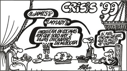 Una cena noble durante la crisis de 1999 a base de "bocata" (diminutivo de "bocadillo" popularizado por el dibujante) en una viñeta de la década 1994-2004.