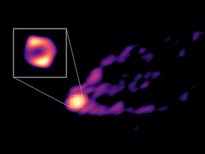 Esta imagen muestra el chorro y la sombra del agujero negro del centro de la galaxia M87, juntos por primera vez.