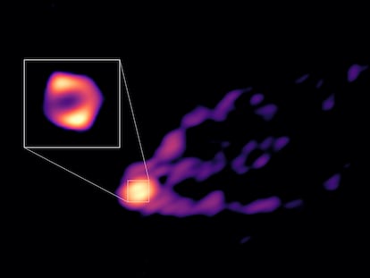 This image shows the jet and the black hole’s shadow at the center of the galaxy M87, capturing the two together for the first time.
