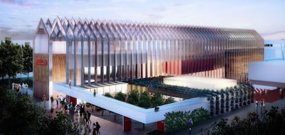 Recreación digital del pabellón de España, proyectado por el estudio B720 Fermín Vázquez Arquitectos, autores, entre otras obras, del Mercat dels Encants de Barcelona.