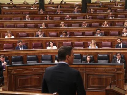 El presidente del Gobierno, Pedro Sánchez (de espaldas), durante su intervención en el Pleno del Congreso de los Diputados el pasado 10 de junio.