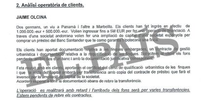 Acta interna del departamento de Compliance (cumplimiento) de la Banca Privada d'Andorra (BPA) donde se menciona al abogado Jaime Olcina.