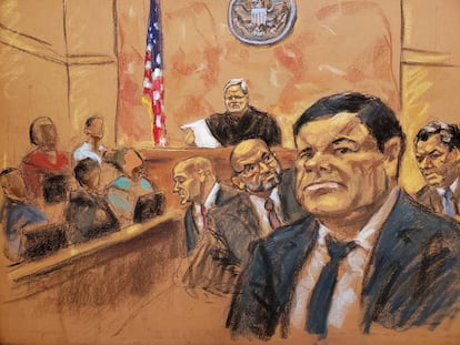 Joaquín 'El Chapo' Guzmán, portrayed in an illustration by Jane Rosenberg during a hearing.