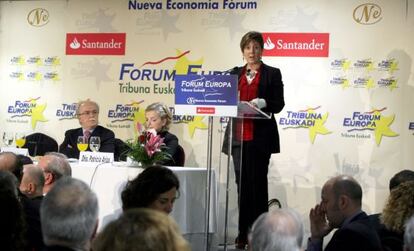 Arantza Tapia, durante su intervención en el desayuno informativo del Fórum Europa Tribuna Euskadi