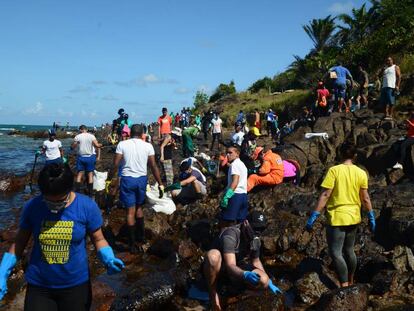 Voluntários se mobilizam para limpar a praia de Itapuama, em Cabo de Santo Agostinho (PE).